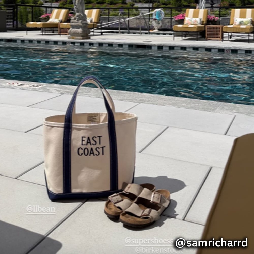 Sandals and bag shown by a pool @samricharrd. Visit Super Shoes Instagram profile.