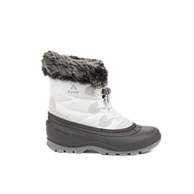 Women's winter boots in white and grey with grey fur collar.