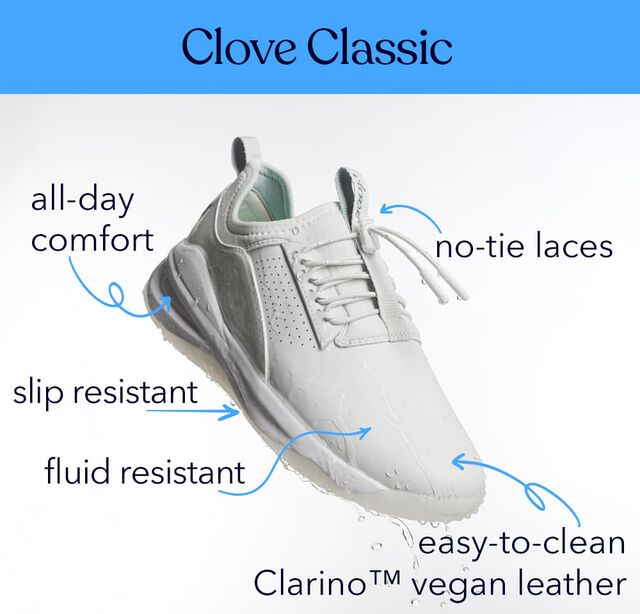 Clove Classic. Featuring Clove Classic sneaker in white. All-day comfort, no-tie laces, slip resistant, fluid resistant, easy-to-clean Clarino™ vegan leather.