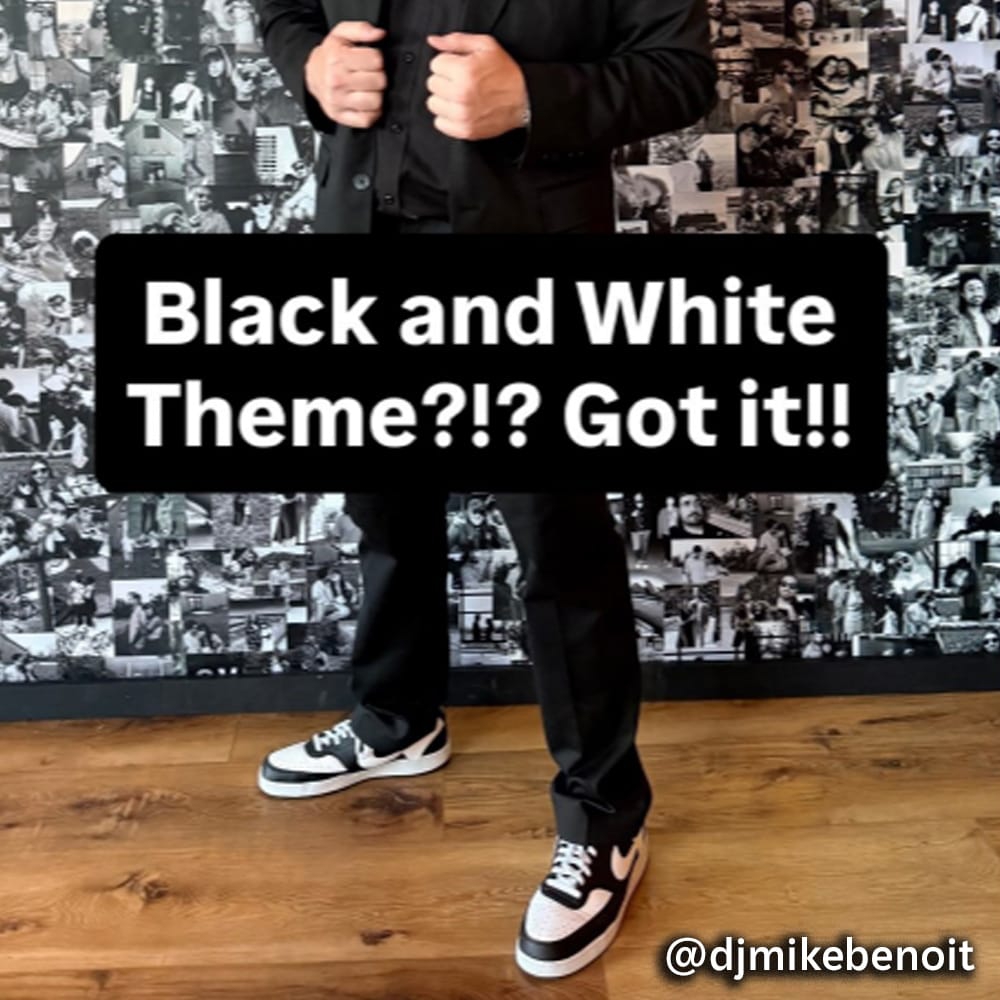 "Black and White Theme ?!? Got it!! @djmikebenoit wearing black clothing with black and white sneakers. Visit Super Shoes Instagram profile.