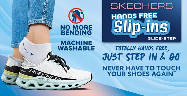 Skechers Hands Free Slip-ins Glide Step. Totally hands free, Just step in & go. Never have to touch your shoes again. No more bending. Machine washable. Featured style: Skechers Slip-Ins Glide-Step Altus sneaker in white.