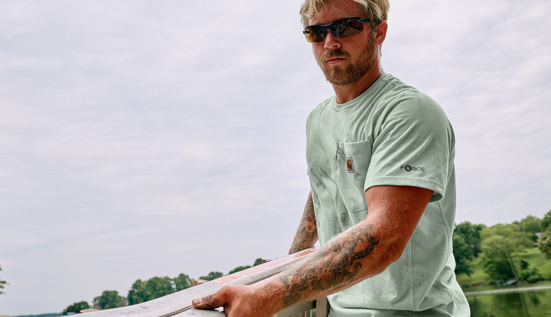 Men's Carhartt Force Relaxed Short Sleeve Pocket T-Shirt in light green.