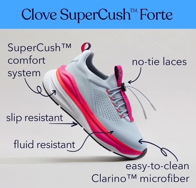 Clove SuperCush™ Forte. Featuring the Clove SuperCush™ Forte sneaker in grey and pink. SuperCush™ comfort system, no-tie laces, slip resistant, fluid resistant, easy-to-clean Clarino™ microfiber. 