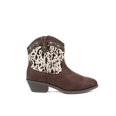 Women's heeled ankle boot in brown and cow print.