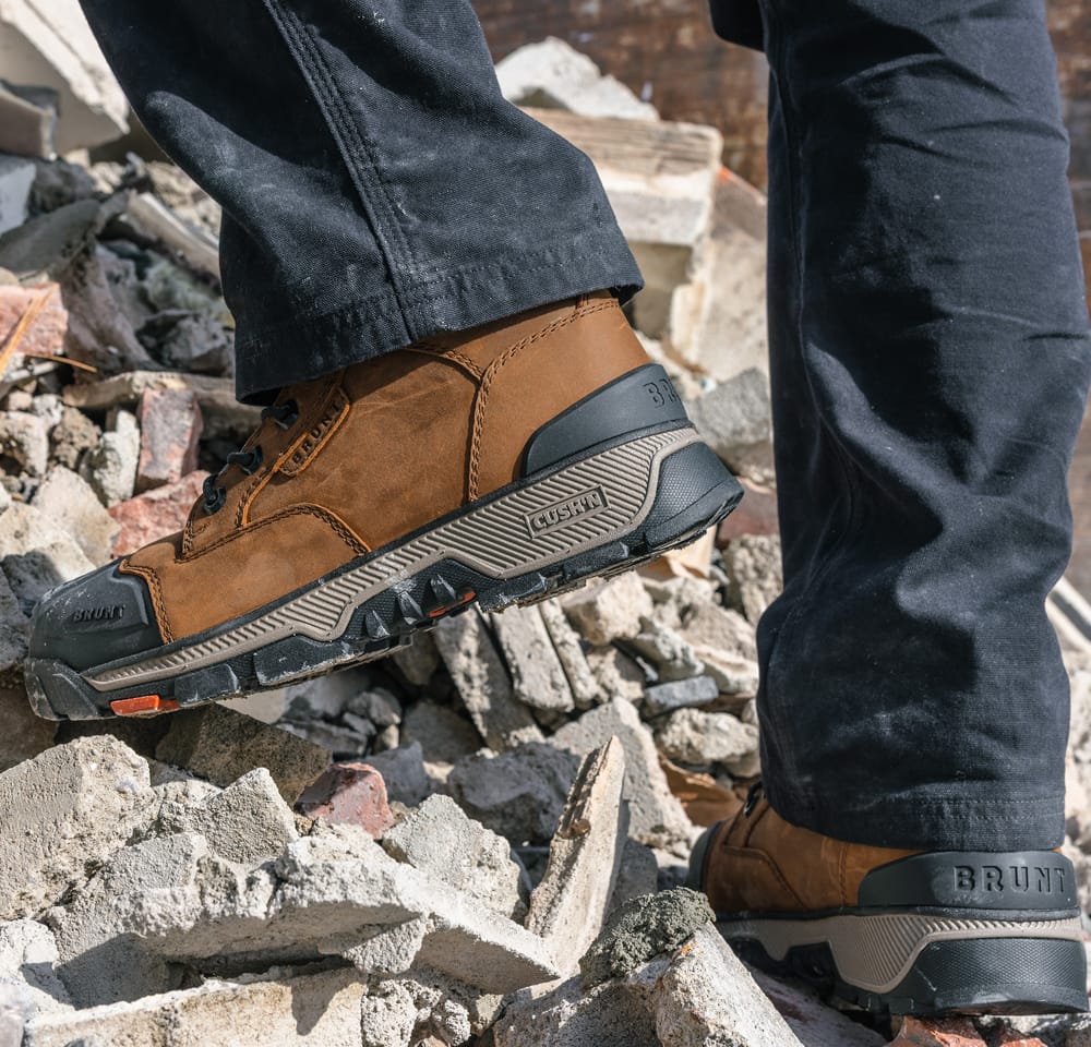 Men's Brunt Workwear 6 Inch Waterproof Composite Toe Perkins lace-up work boot in brown.