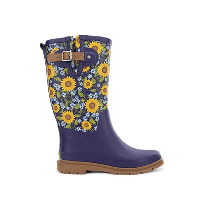 Women's mid calf blue rubber boots in floral pattern.