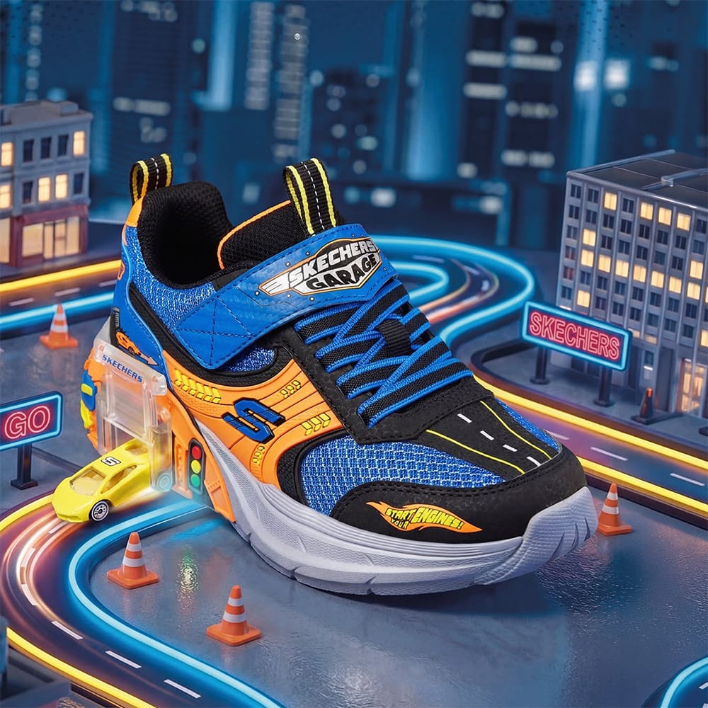 Boy's Skechers Garage & Two Toy Cars in blue and orange.