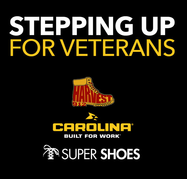 Stepping Up for Veterans. Harvest912 Logo, Carolina Logo, Super Shoes logo.