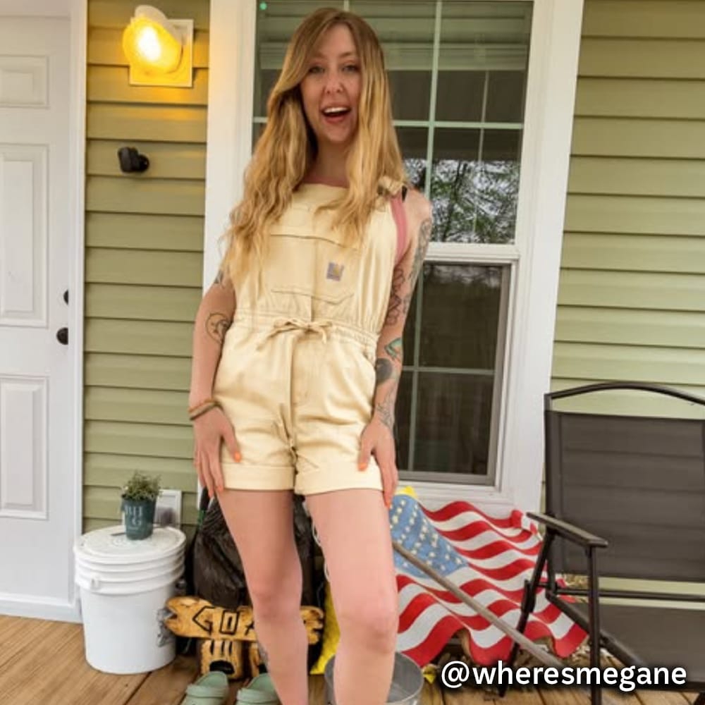A woman standing on the front porch of a house @wheresmegane. Super Shoes on Instagram.