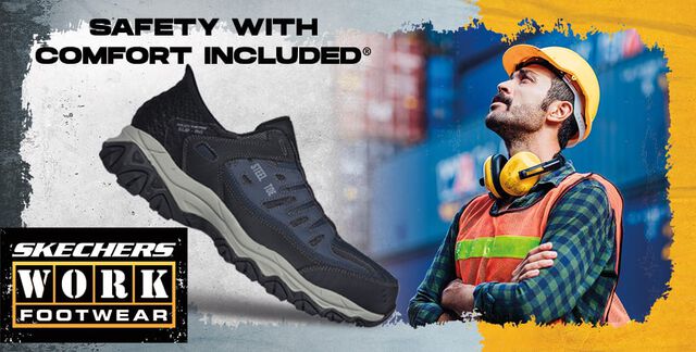 Skechers Work Footwear. Safety with comfort included. A man wearing a yellow hard hat and orange safety vest. Featured style Skechers Slip-ins Work Cankton Faison in black and navy.