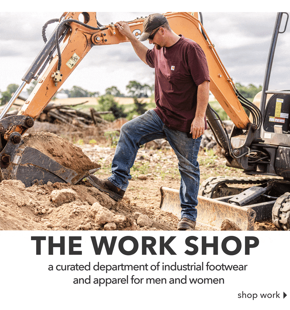 The Work Shop. A curated department of industrial footwear and apparel for men and women.  Shop work.  featured styles: brown boots, black and purple work athletics.