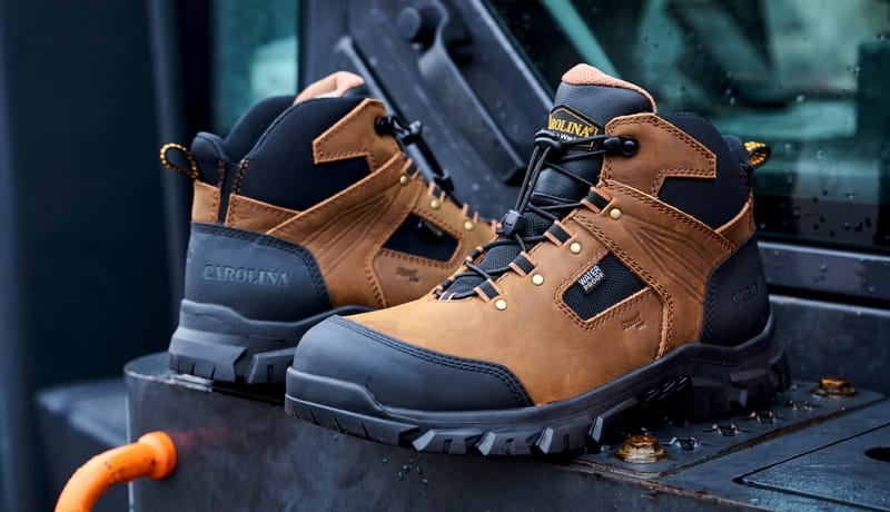 Featured style: Men's Carolina 5 Inch Waterproof Steel Toe Gruntz Ez work boot in brown.