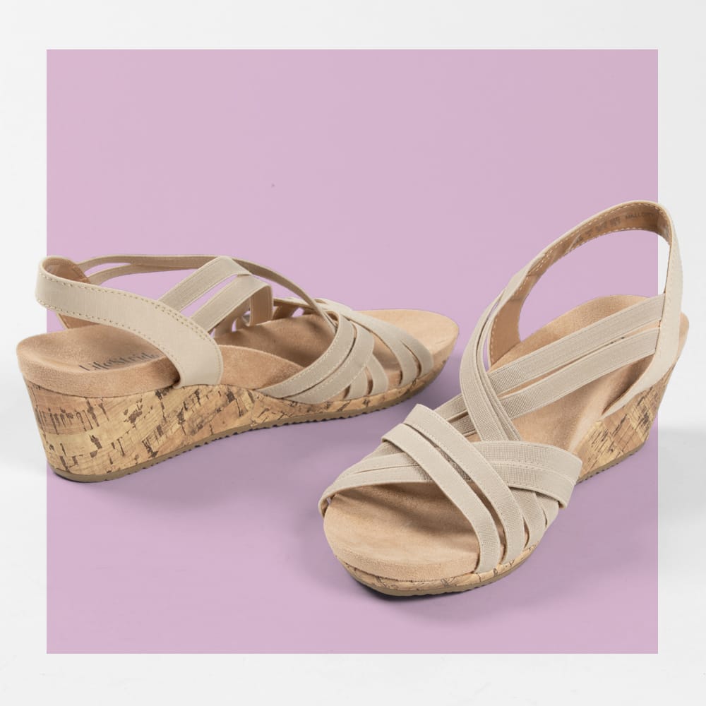 Featured Style: Women's Lifestride Mallory wedge cork slingback sandal in tan.