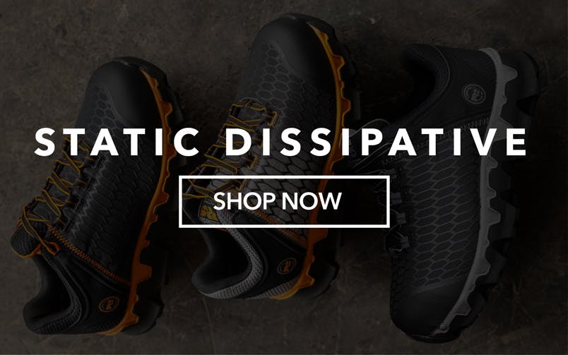 Static dissipative.  Shop now.  Black and orange work shoes shown.