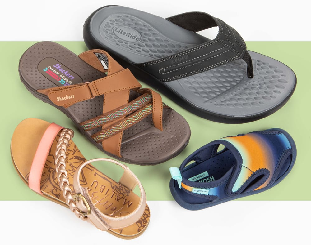Featured styles: girls Blowfish Malibu sandal style BF-10163K-RMCPD, boys Oshkosh swimmies sandal style OS24I03B, men's Crocs flip flop style 209332-001, women's Skechers Reggae sandle style 163396-BRN