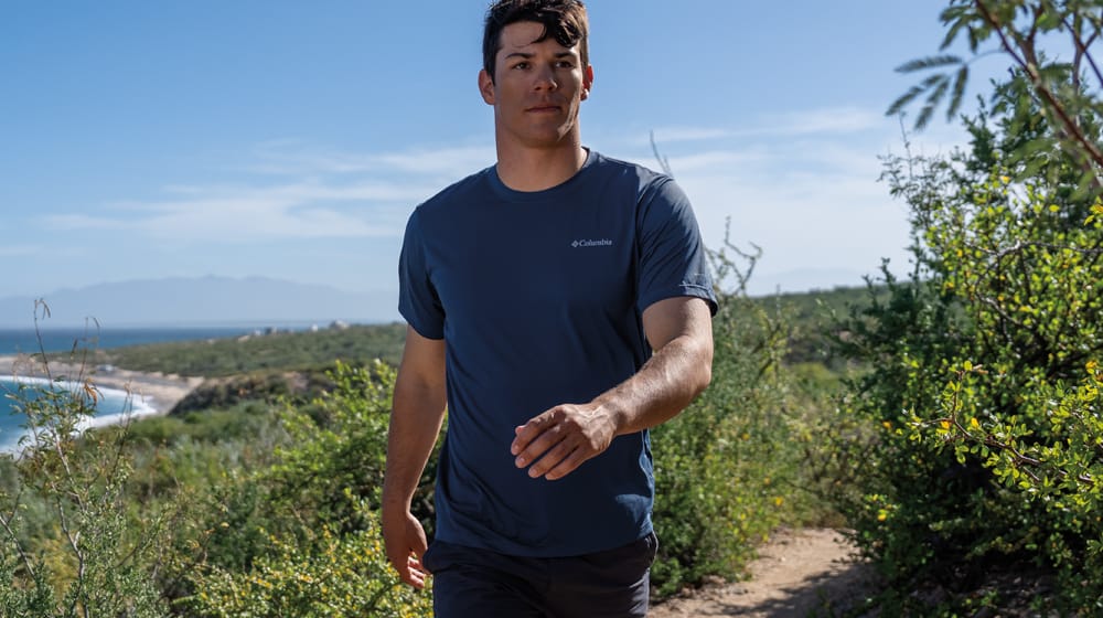 Featured style:  Apparel featured style men's blue Columbia t-shirt