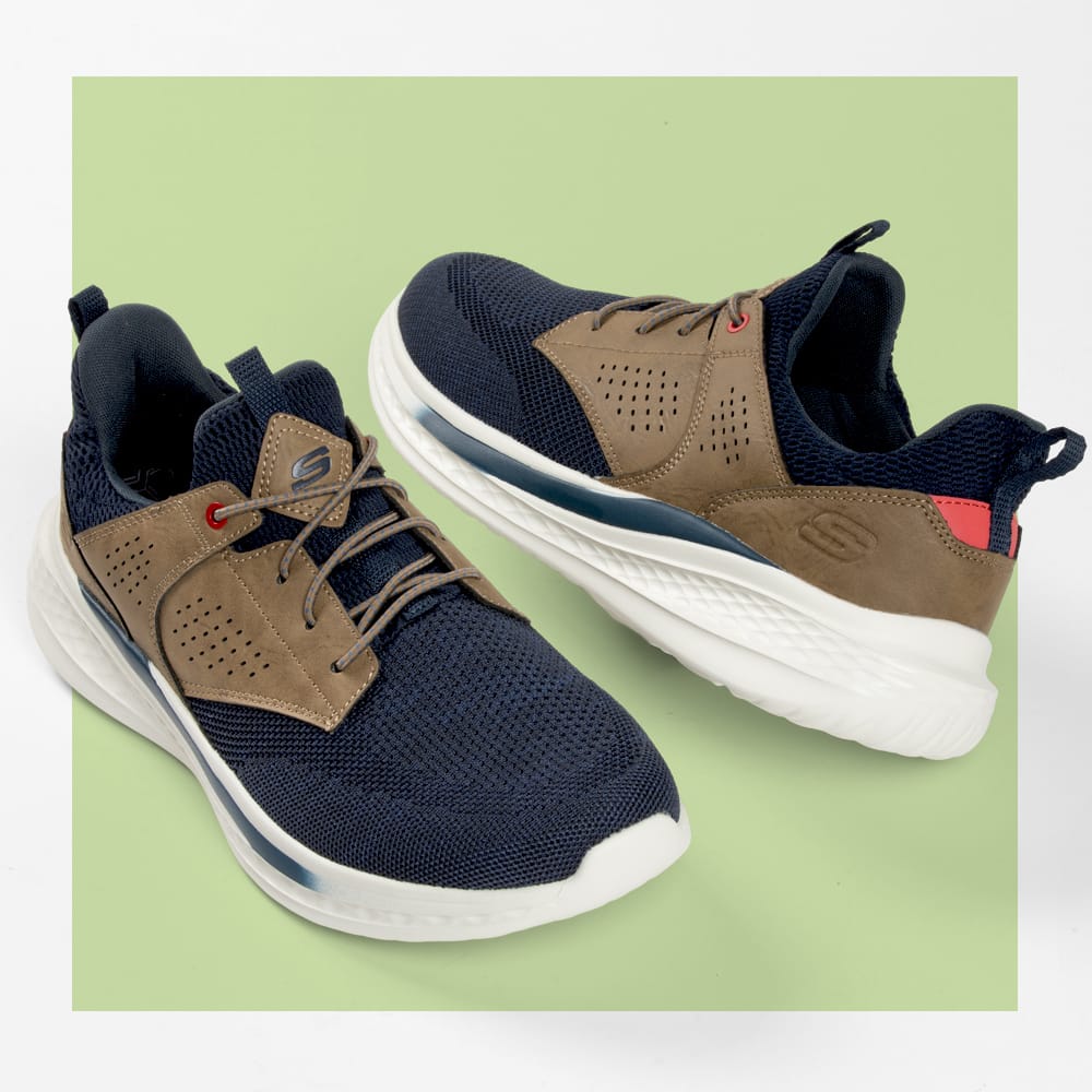 Featured style: Men's Skechers Slade Breyer lace up casual shoe in blue and tan.