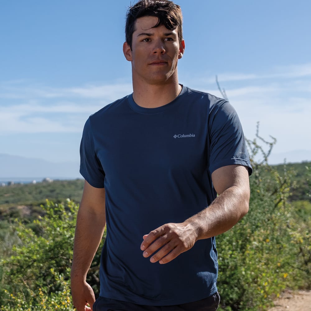 Featured style:  Apparel featured style men's blue Columbia t-shirt
