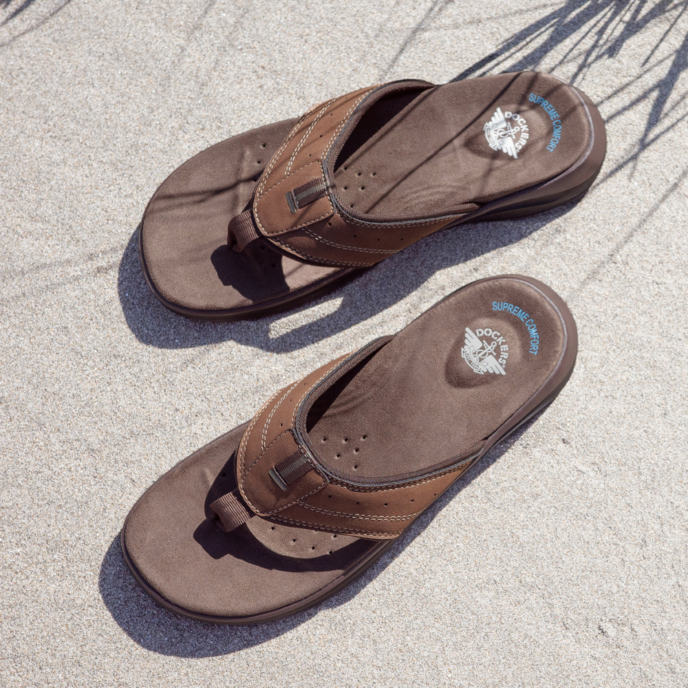 Featured style: Men's Dockers Banks flip flops in brown.