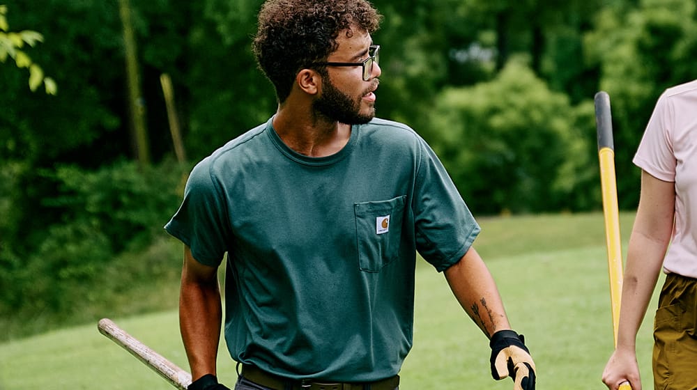 Featured style: Men's Carhartt Force Relaxed Short Sleeve Pocket T-Shirt in green.