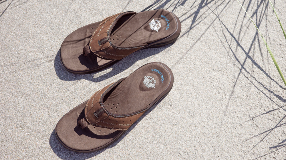 Featured style: Men's Dockers Banks flip flops in brown.