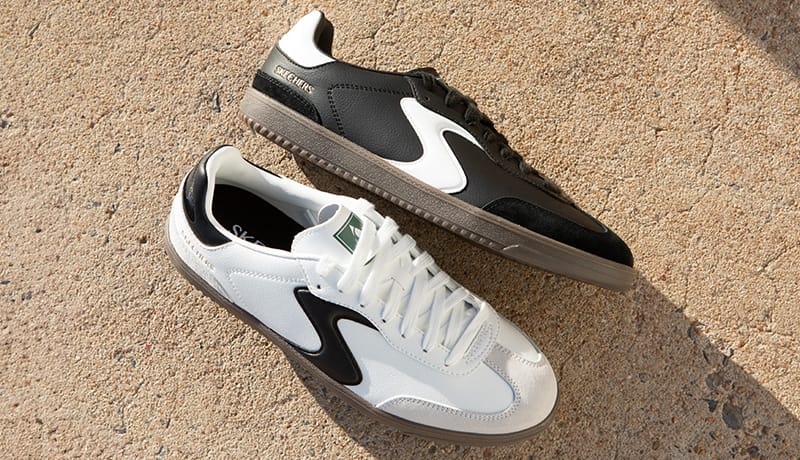 Skechers Hotshot-Pyke lace-up sneakers in black and white. Skechers athletic sneaker in black and pink.
