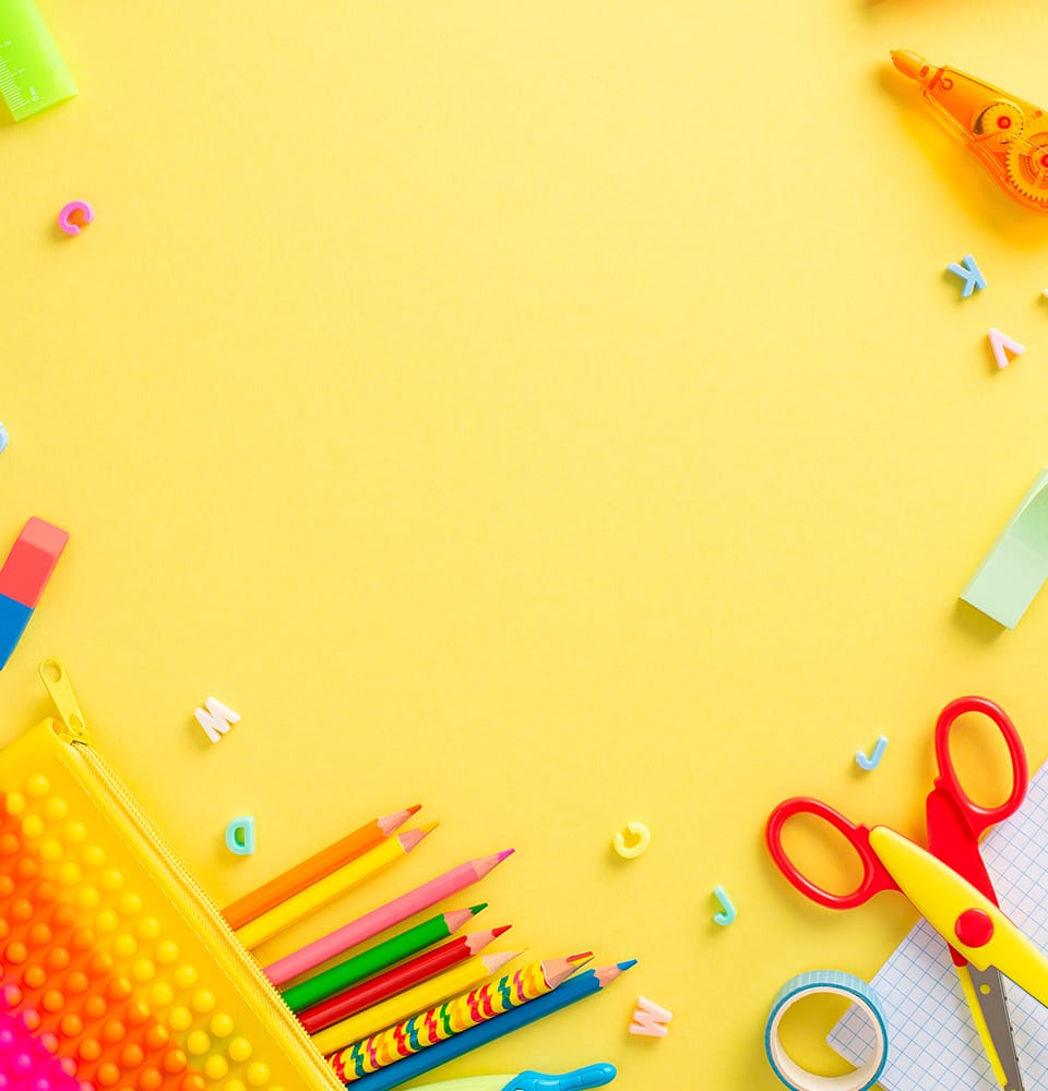 Various classroom supplies: paints, paper, pens, pencils, etc.