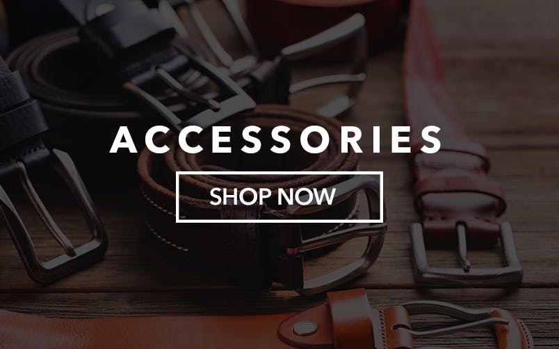 Accessories. Shop Now. Black and brown belts shown.