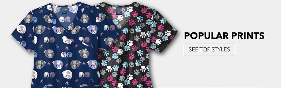 Popular prints.  See top styles.  Printed scrub tops shown.