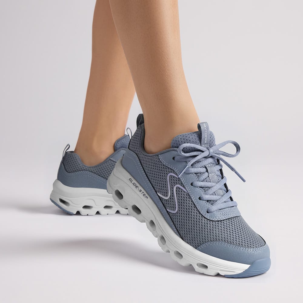 Women's Skechers athletic sneaker in light blue. 