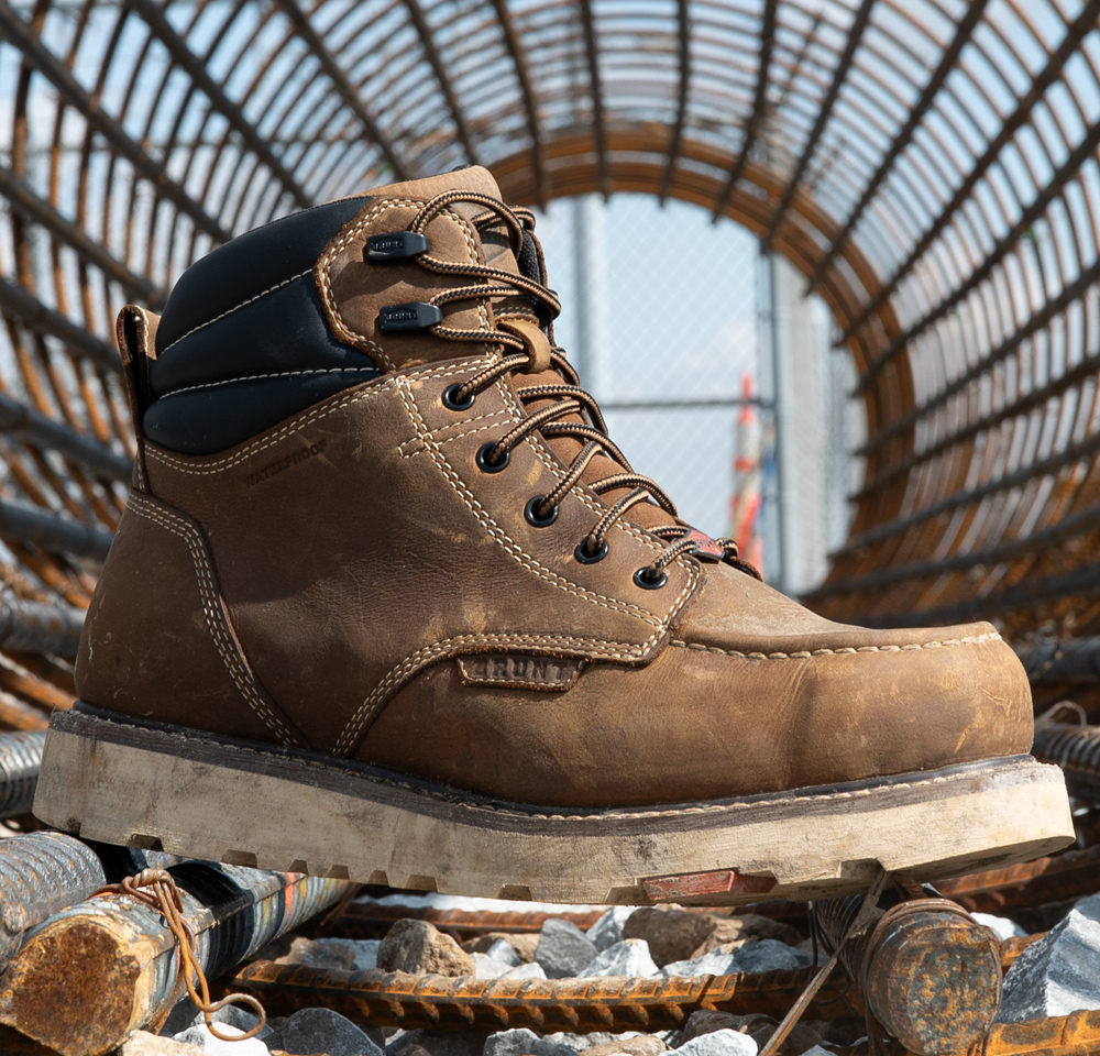 Featured style: Brunt Workwear 6 Inch Waterproof Composite Toe Marin in brown.