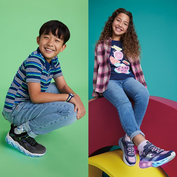 Boy and girl wearing Skechers sneakers.