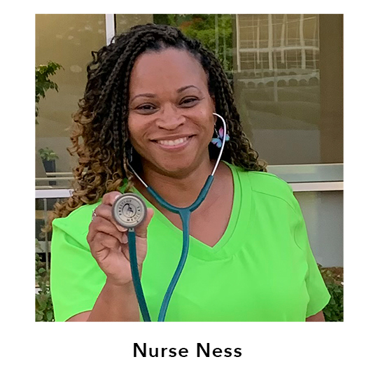 Nurse Ness.  Nurse Ness shown wearing a lime green scrub top