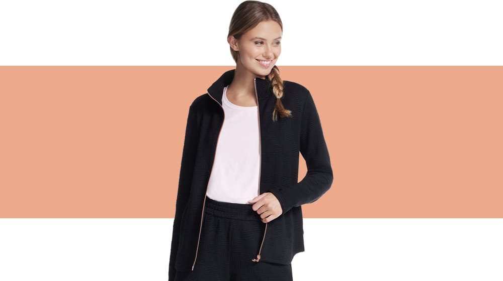 Featured style:  women's black Skecerhs zip jacket