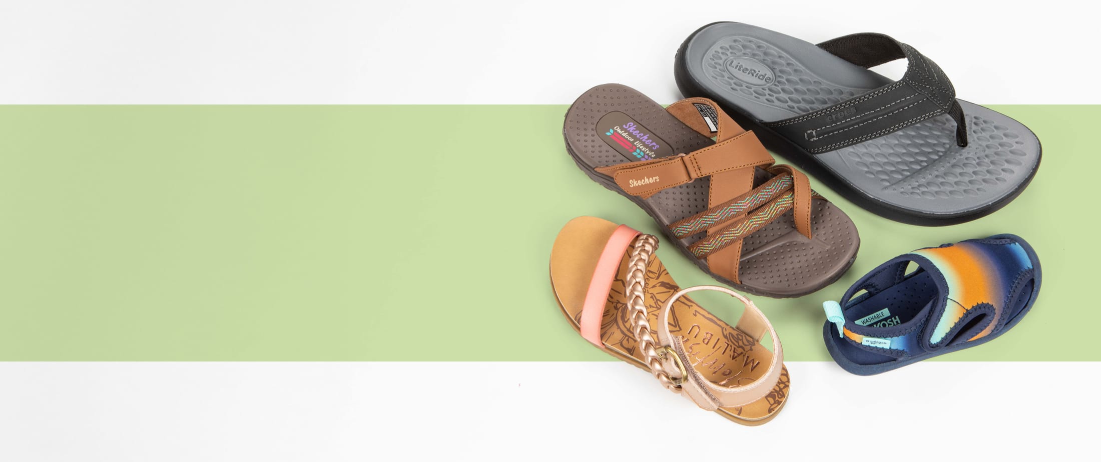 Featured styles: girls Blowfish Malibu sandal style BF-10163K-RMCPD, boys Oshkosh swimmies sandal style OS24I03B, men's Crocs flip flop style 209332-001, women's Skechers Reggae sandle style 163396-BRN