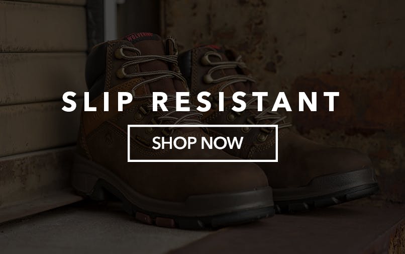 Slip Resistant. Shop Now. Men's brown Wolverine slip resistant boots shown.