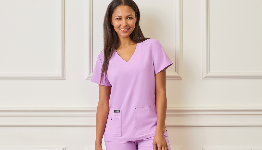 Featured style: Women's Koi Basics Becca V Neck scrub top in pink
