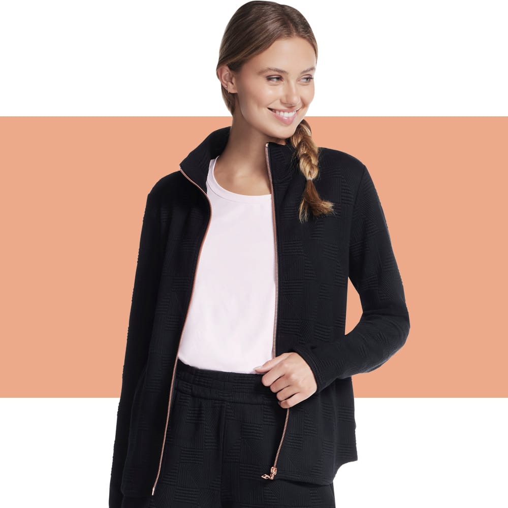 Featured style:  women's black Skecerhs zip jacket