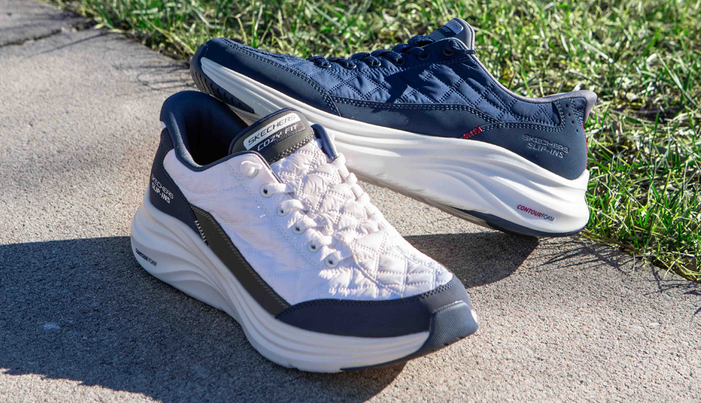 Featured style: Men's Skechers Slip-Ins Contour Foam Cozy Fit Runner in blue and blue and white